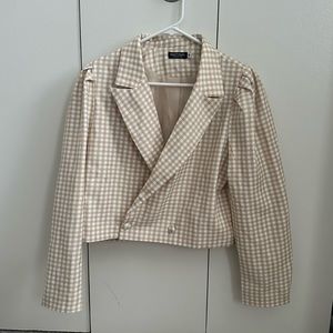 Gingham puff sleeve cropped blazer